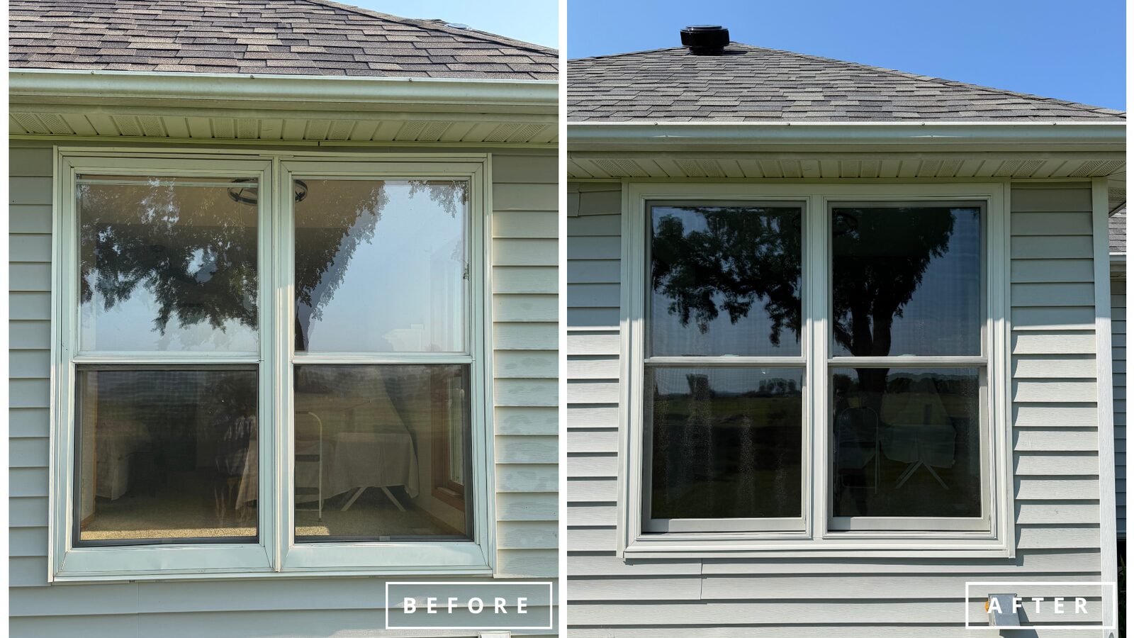 Before and after: a pair of aging double-hung windows on a vinyl-sided home in Elk Point, replaced with new Acclaim double-hung windows
