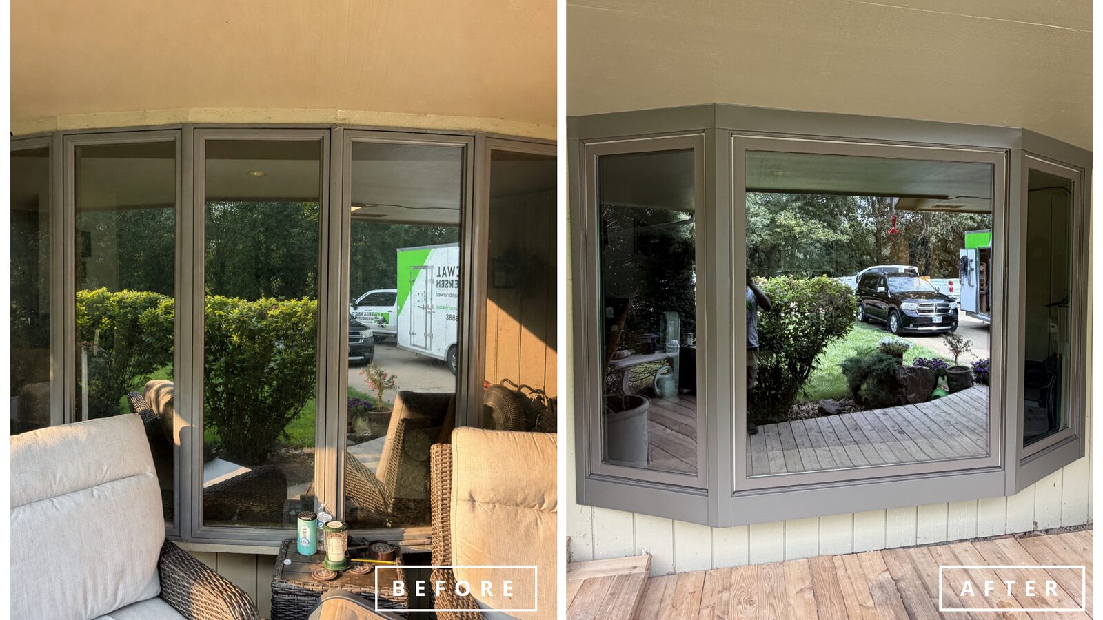Before and after: a multi-panel bow window on a covered porch replaced with a three-section Acclaim bay window