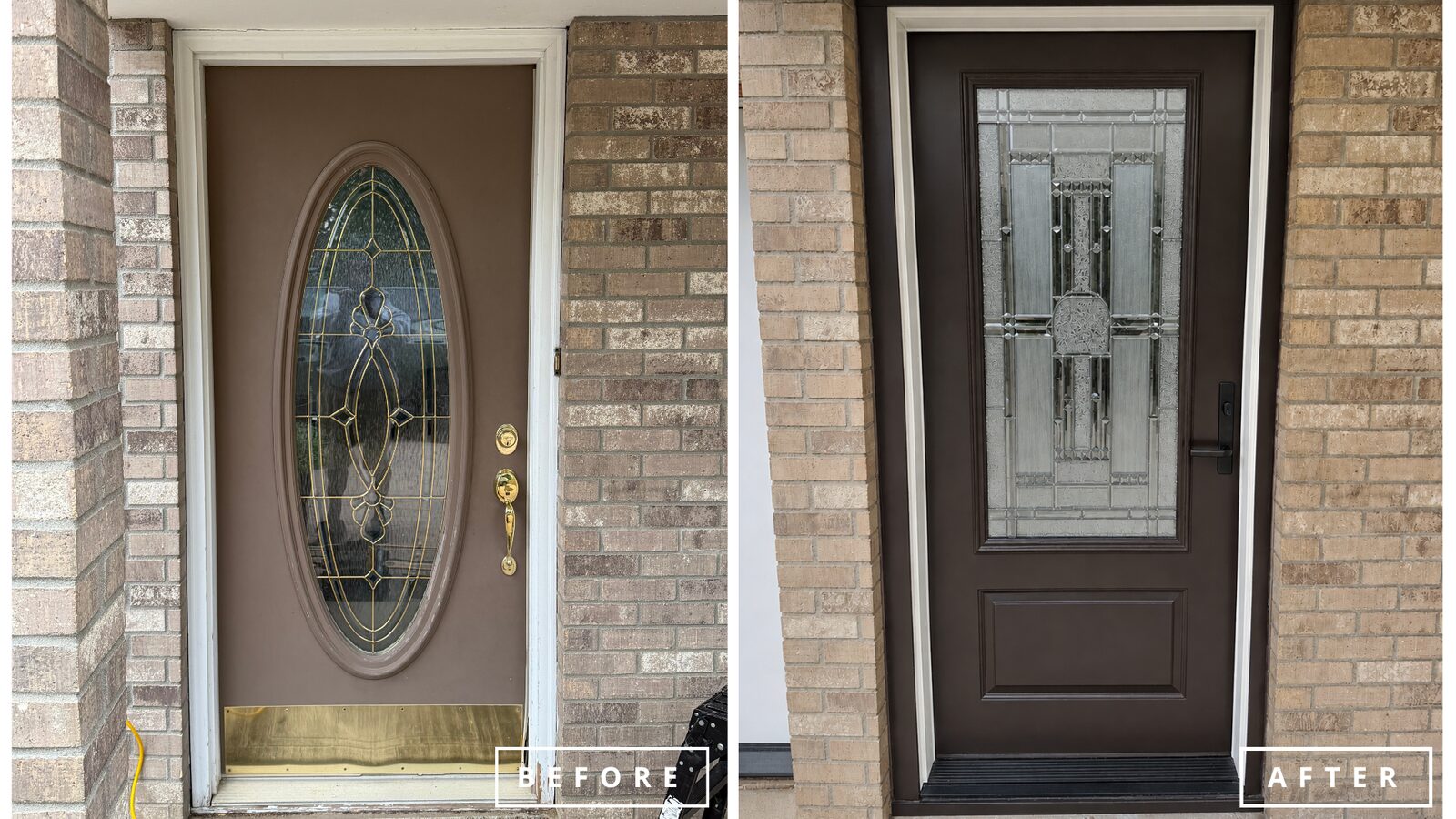 Before and after: a brown front door with oval glass and brass hardware replaced by a dark Ensemble entry door with a decorative glass panel