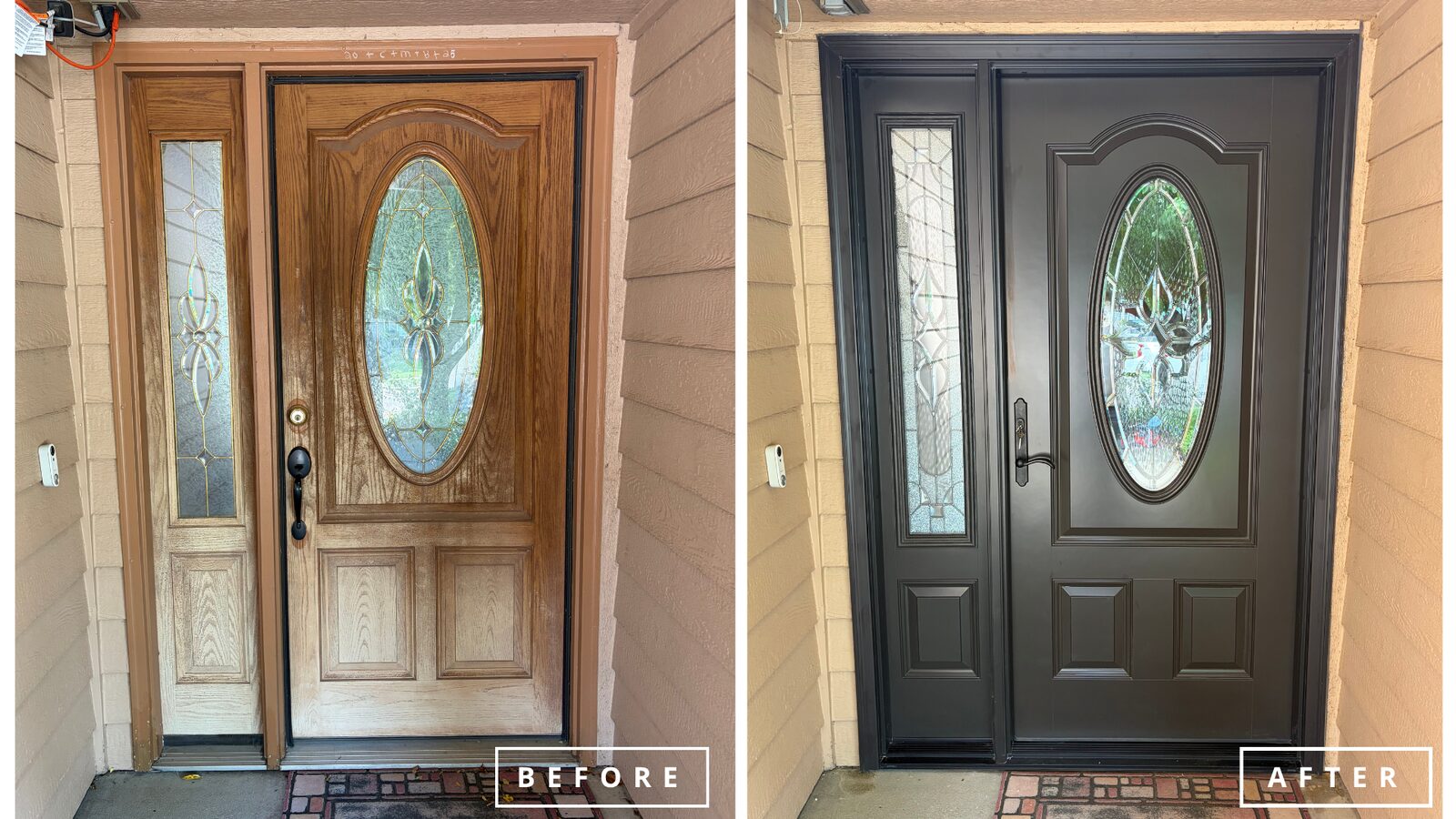 Before and after: a weathered wood-look front door and sidelight replaced with a black Ensemble entry door and sidelight with decorative glass